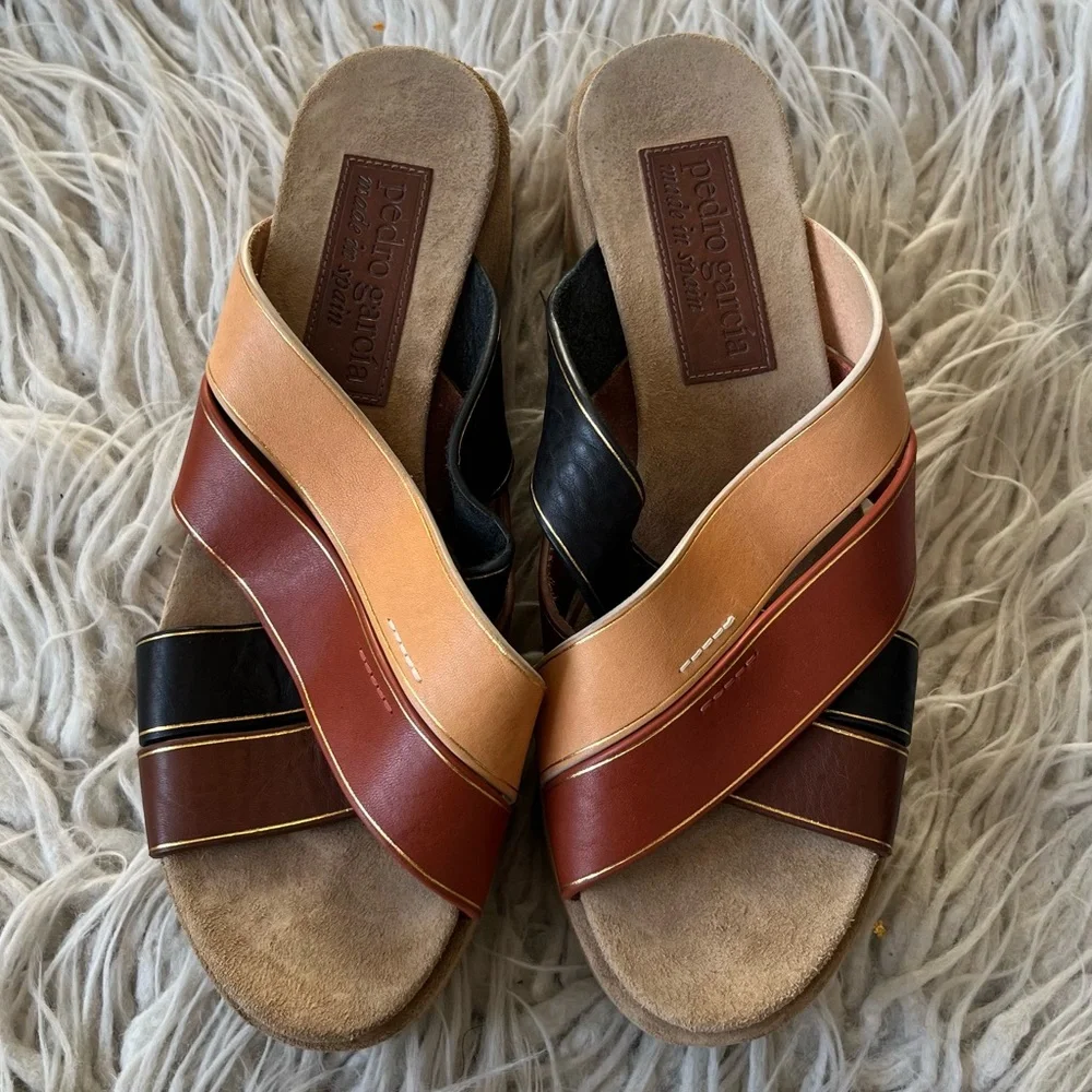 Pedro Garcia Nirou Platform Brown Color Block Wedge Leather Sandal EUC Size 36